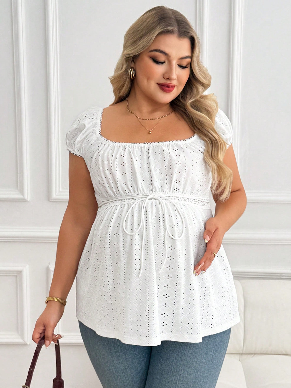 Plussiva Maternity Plus Size Solid Color Hollow-Out Textured Top