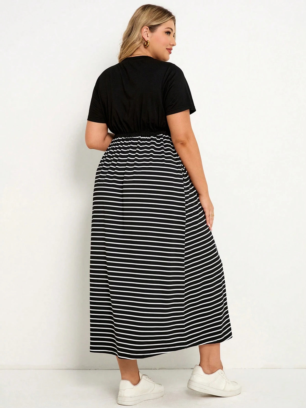 Plussiva Maternity Plus Size Striped Round Neck Short Sleeve Waist Tie Casual Dress