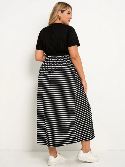 Plussiva Maternity Plus Size Striped Round Neck Short Sleeve Waist Tie Casual Dress