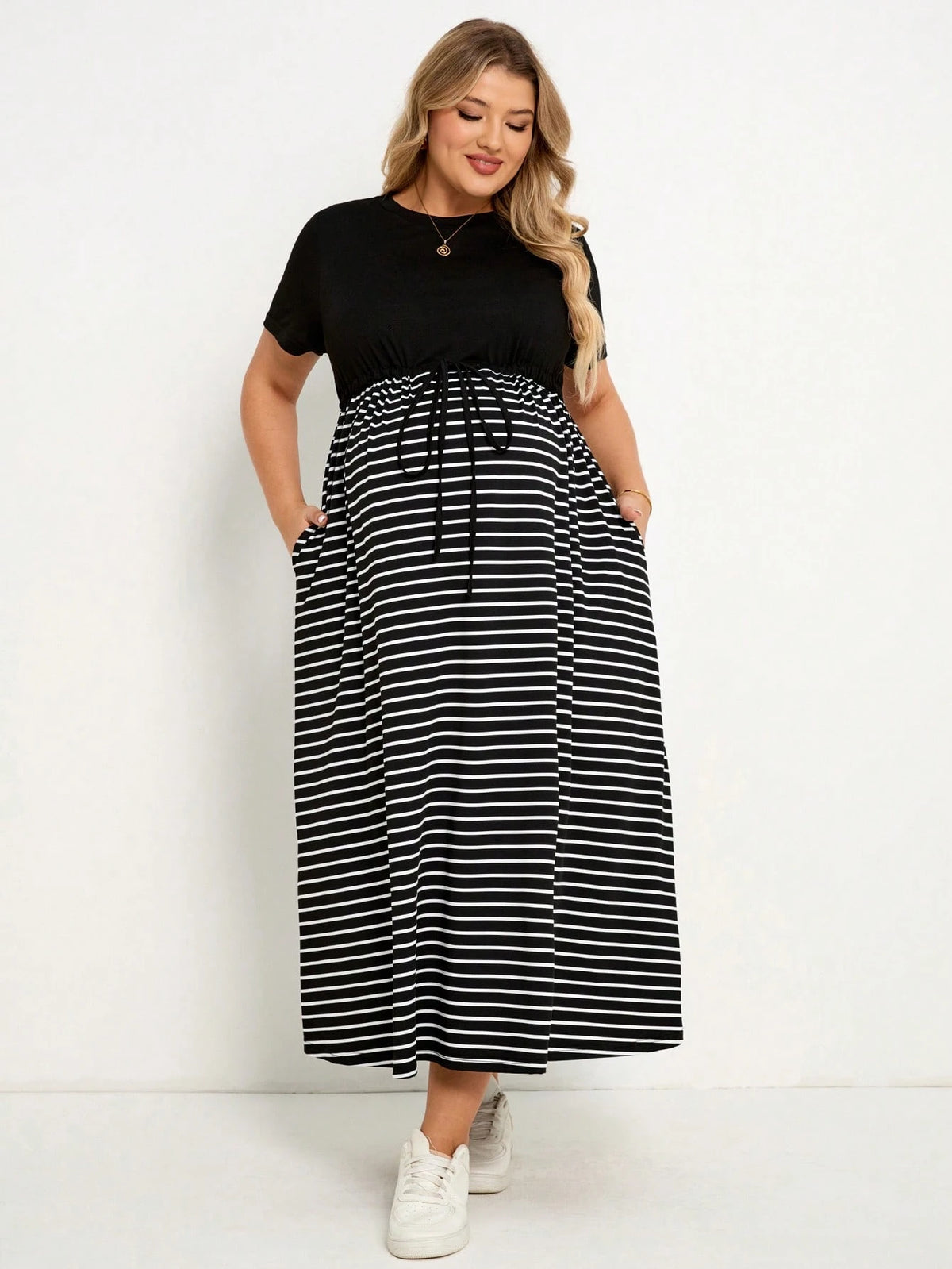 Plussiva Maternity Plus Size Striped Round Neck Short Sleeve Waist Tie Casual Dress