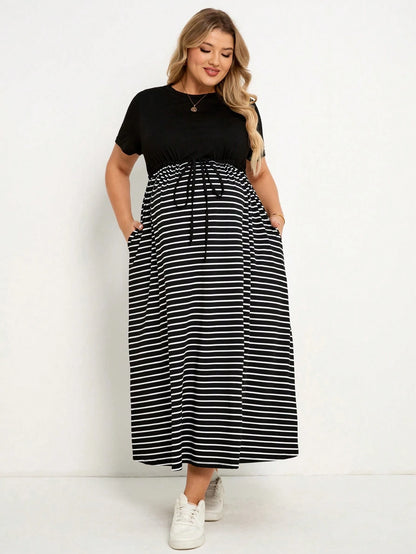 Plussiva Maternity Plus Size Striped Round Neck Short Sleeve Waist Tie Casual Dress
