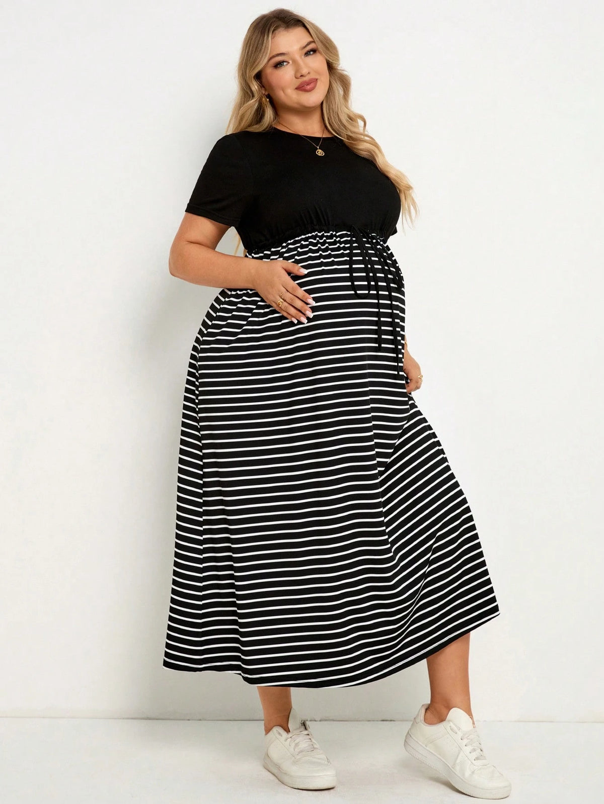 Plussiva Maternity Plus Size Striped Round Neck Short Sleeve Waist Tie Casual Dress