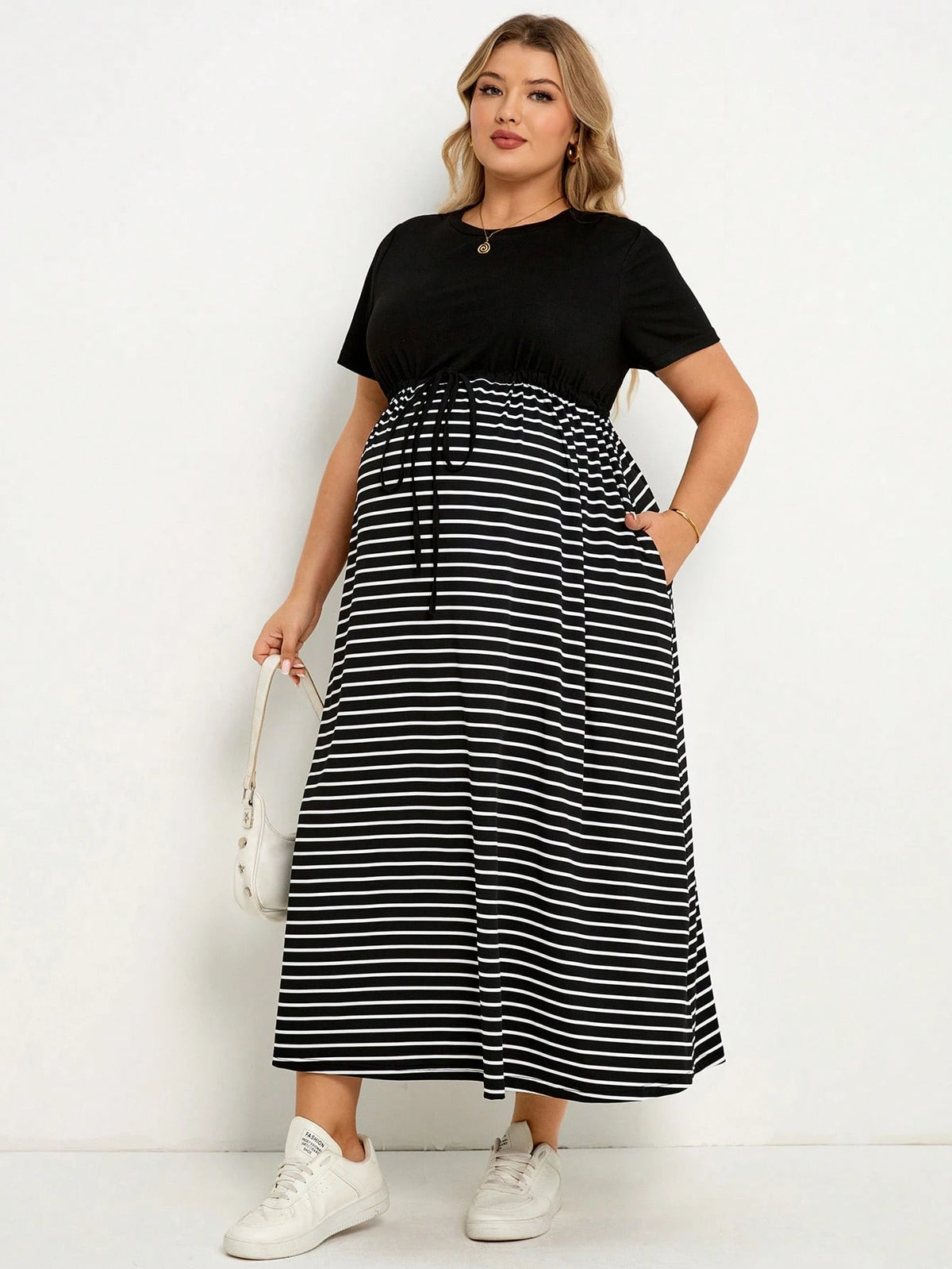 Plussiva Maternity Plus Size Striped Round Neck Short Sleeve Waist Tie Casual Dress