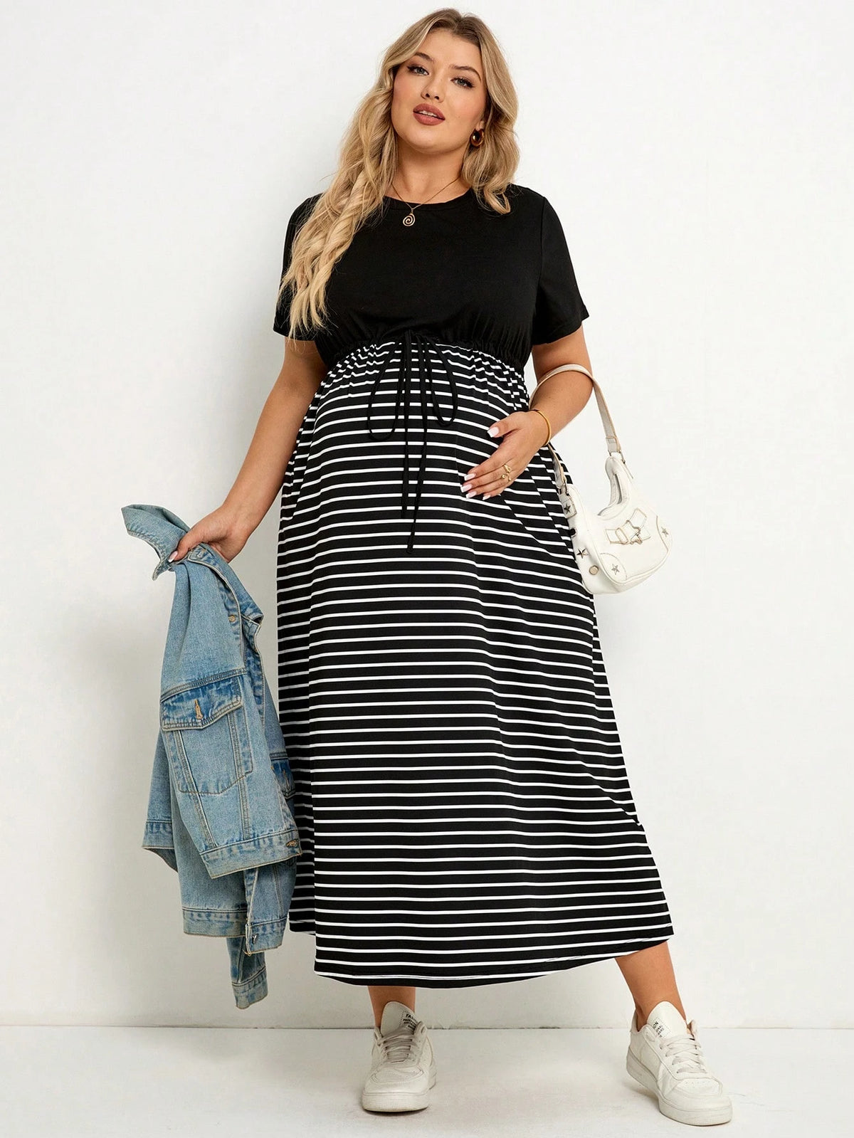 Plussiva Maternity Plus Size Striped Round Neck Short Sleeve Waist Tie Casual Dress