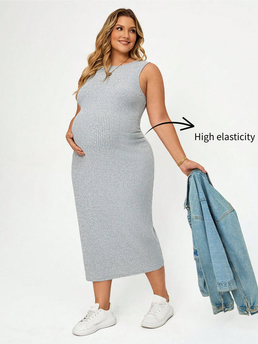 Plussiva Plus Size Maternity Solid Color Round Neck Fitted Tank Dress Summer Casual Dresses For Women Work Photoshoot Outfits