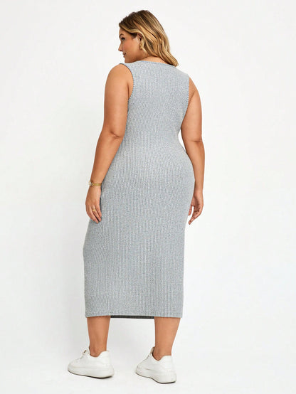 Plussiva Plus Size Maternity Solid Color Round Neck Fitted Tank Dress Summer Casual Dresses For Women Work Photoshoot Outfits