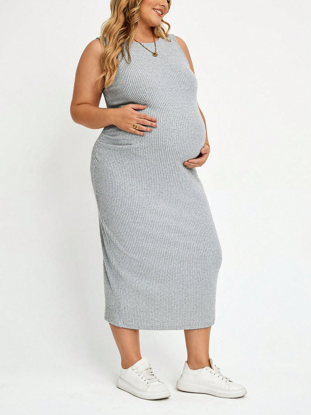 Plussiva Plus Size Maternity Solid Color Round Neck Fitted Tank Dress Summer Casual Dresses For Women Work Photoshoot Outfits