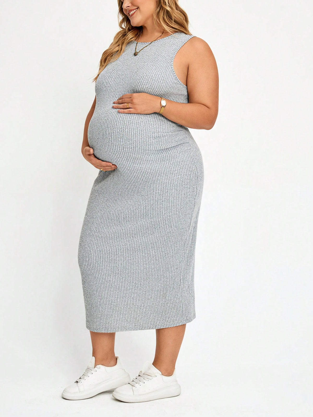 Plussiva Plus Size Maternity Solid Color Round Neck Fitted Tank Dress Summer Casual Dresses For Women Work Photoshoot Outfits