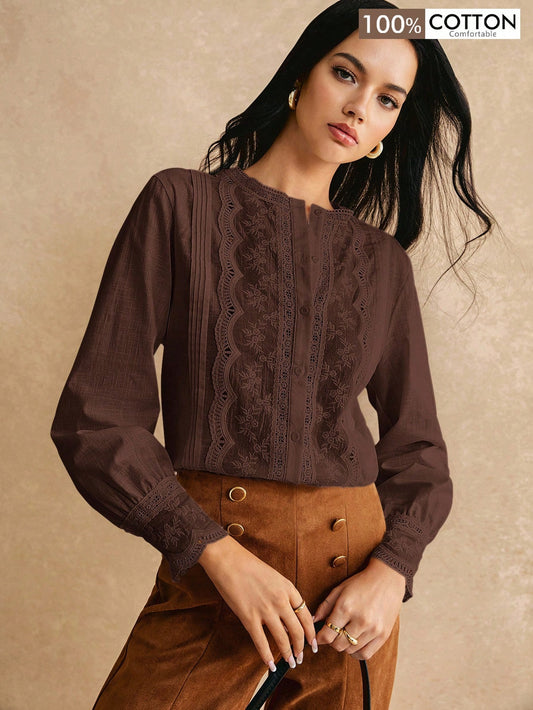 Poéselle Women Casual Solid Color Embroidery Patchwork Shirt