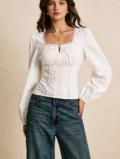 Poéselle Women's Contrast Lace Bow Decor Pleated Design Elegant Blouse,White Top