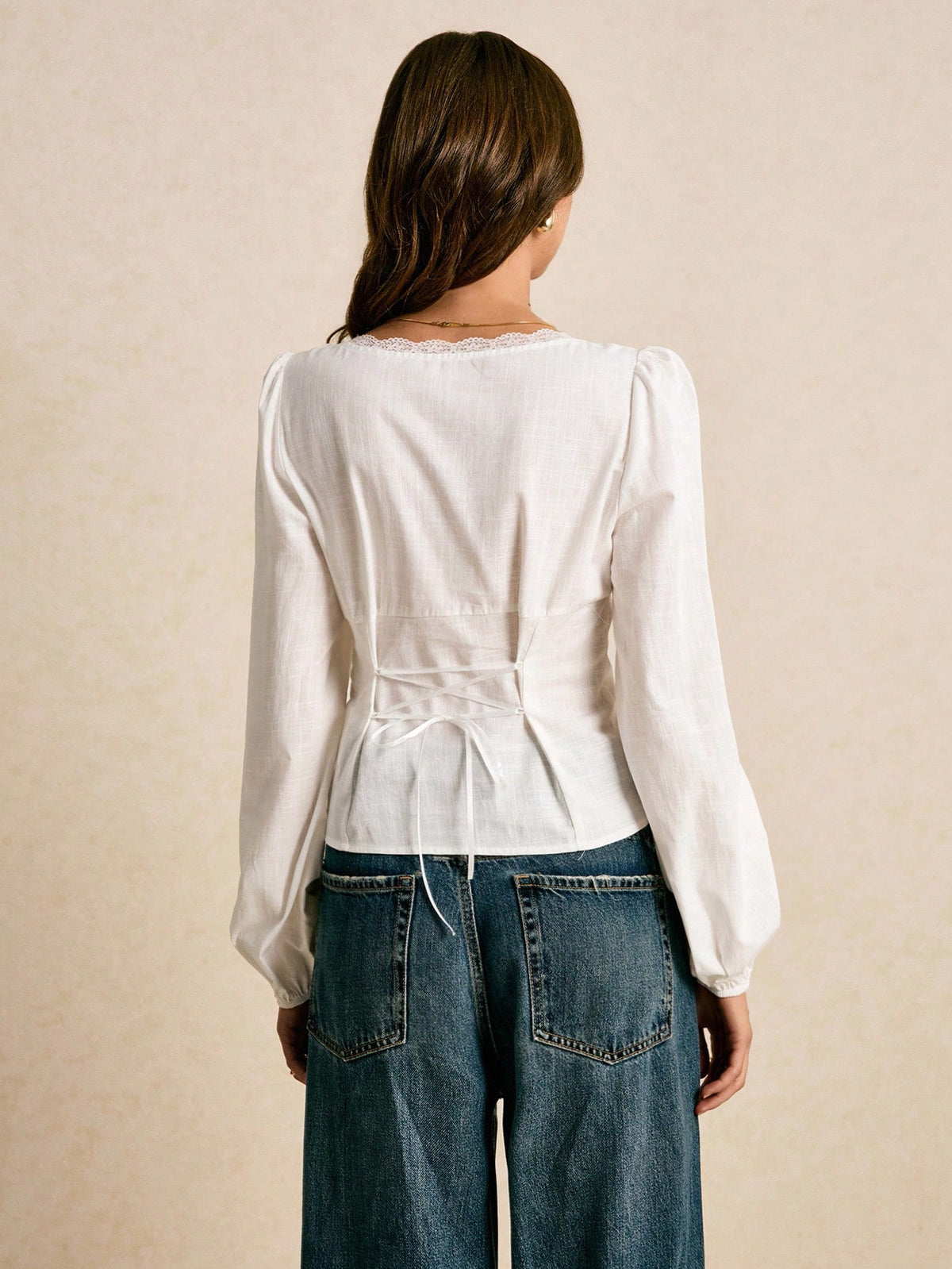 Poéselle Women's Contrast Lace Bow Decor Pleated Design Elegant Blouse,White Top