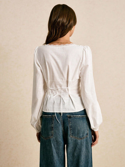 Poéselle Women's Contrast Lace Bow Decor Pleated Design Elegant Blouse,White Top