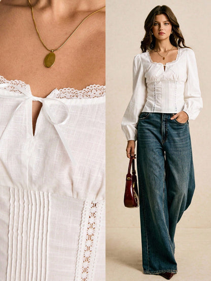 Poéselle Women's Contrast Lace Bow Decor Pleated Design Elegant Blouse,White Top