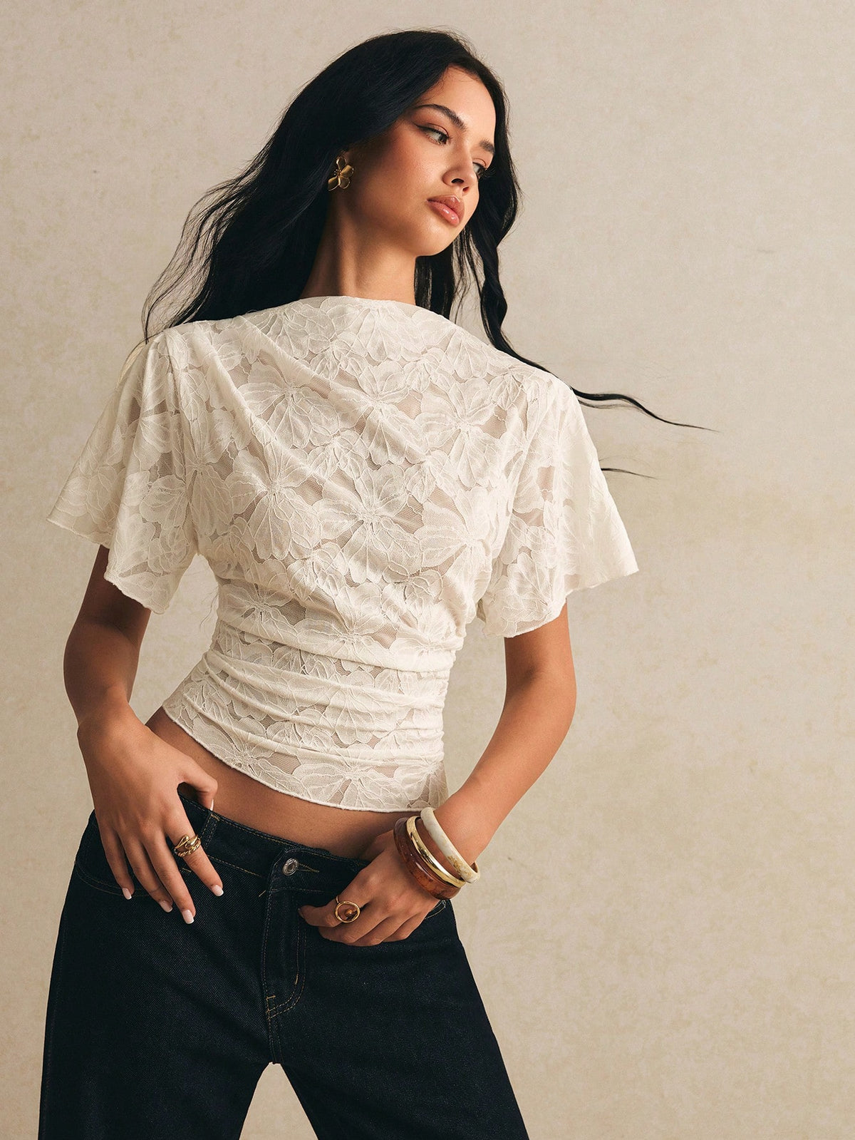 Poéselle Women's Elegant Floral Lace T-Shirt, Summer