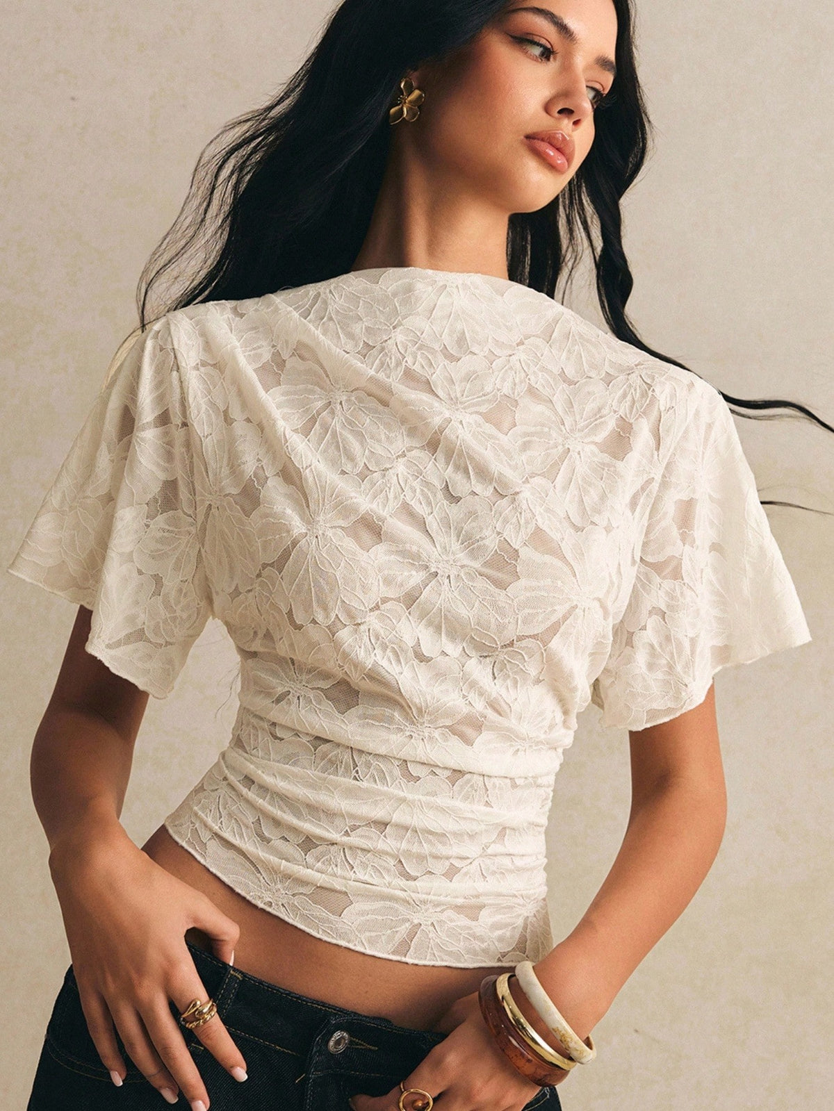 Poéselle Women's Elegant Floral Lace T-Shirt, Summer