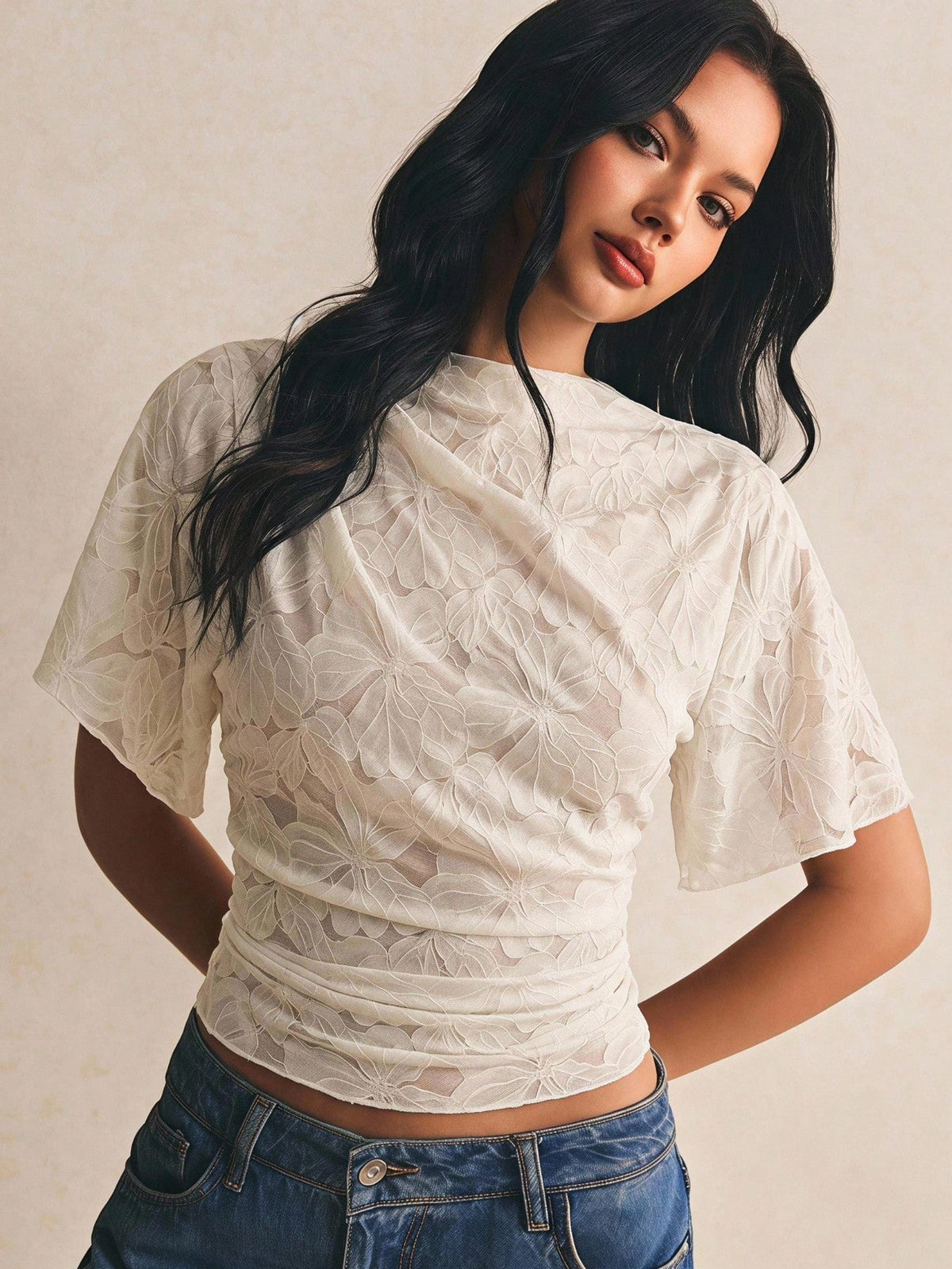Poéselle Women's Elegant Floral Lace T-Shirt, Summer