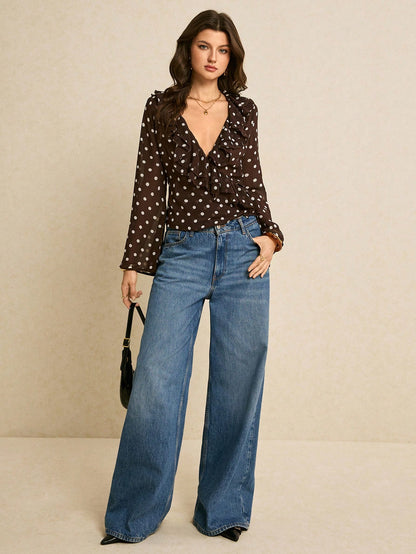 Poéselle Women's Pastal Chiffon Blouse, Elegant Sexy Ruffle Deep V-Neck Long-Sleeve Wrap Vintage Top, French Girl Sheer Shirt, Autumn Dinner Date Everyday Golf
