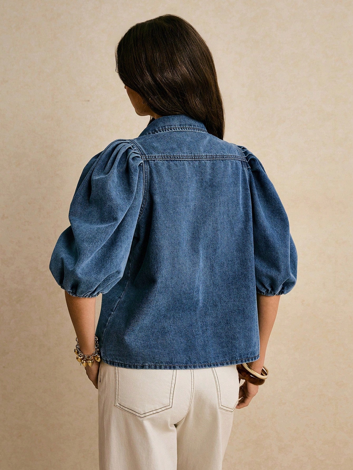 Poéselle Women's Short Puff Sleeve Single-Breasted Casual Denim Blouse,Aqua Blue,Autumn,Elegant,Brunch Summer Western Jean Shirt Modern Tops To Wear With Jeans