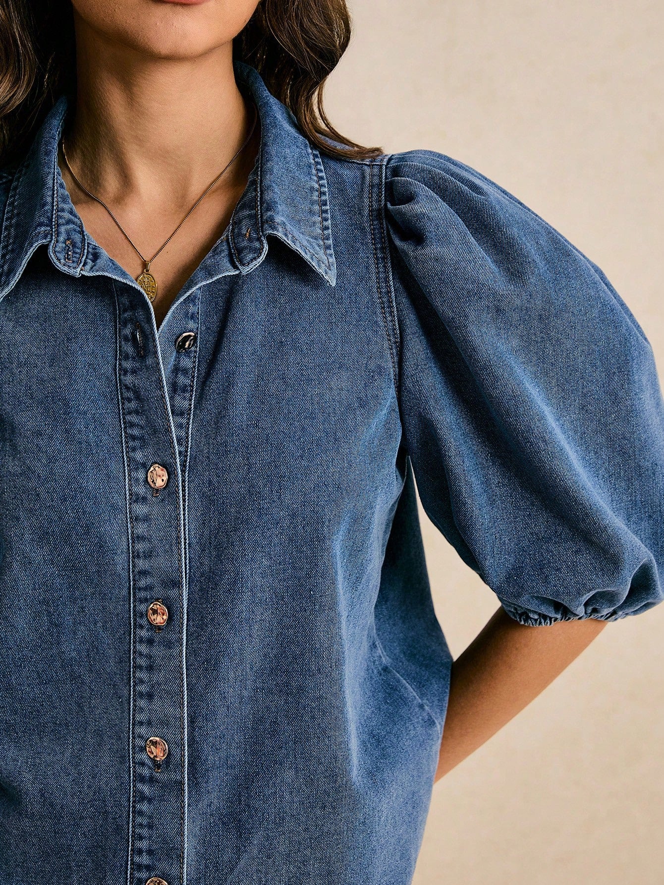 Poéselle Women's Short Puff Sleeve Single-Breasted Casual Denim Blouse,Aqua Blue,Autumn,Elegant,Brunch Summer Western Jean Shirt Modern Tops To Wear With Jeans