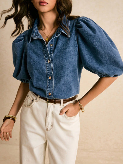 Poéselle Women's Short Puff Sleeve Single-Breasted Casual Denim Blouse,Aqua Blue,Autumn,Elegant,Brunch Summer Western Jean Shirt Modern Tops To Wear With Jeans
