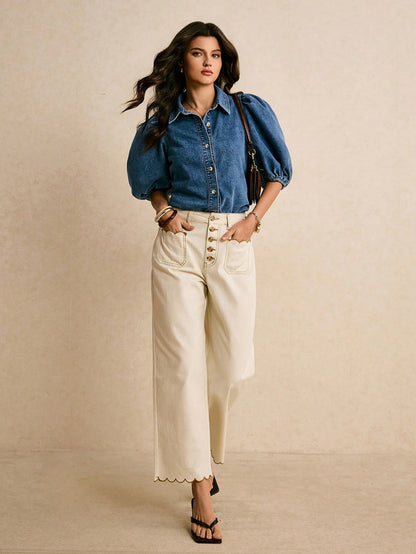 Poéselle Women's Short Puff Sleeve Single-Breasted Casual Denim Blouse,Aqua Blue,Autumn,Elegant,Brunch Summer Western Jean Shirt Modern Tops To Wear With Jeans