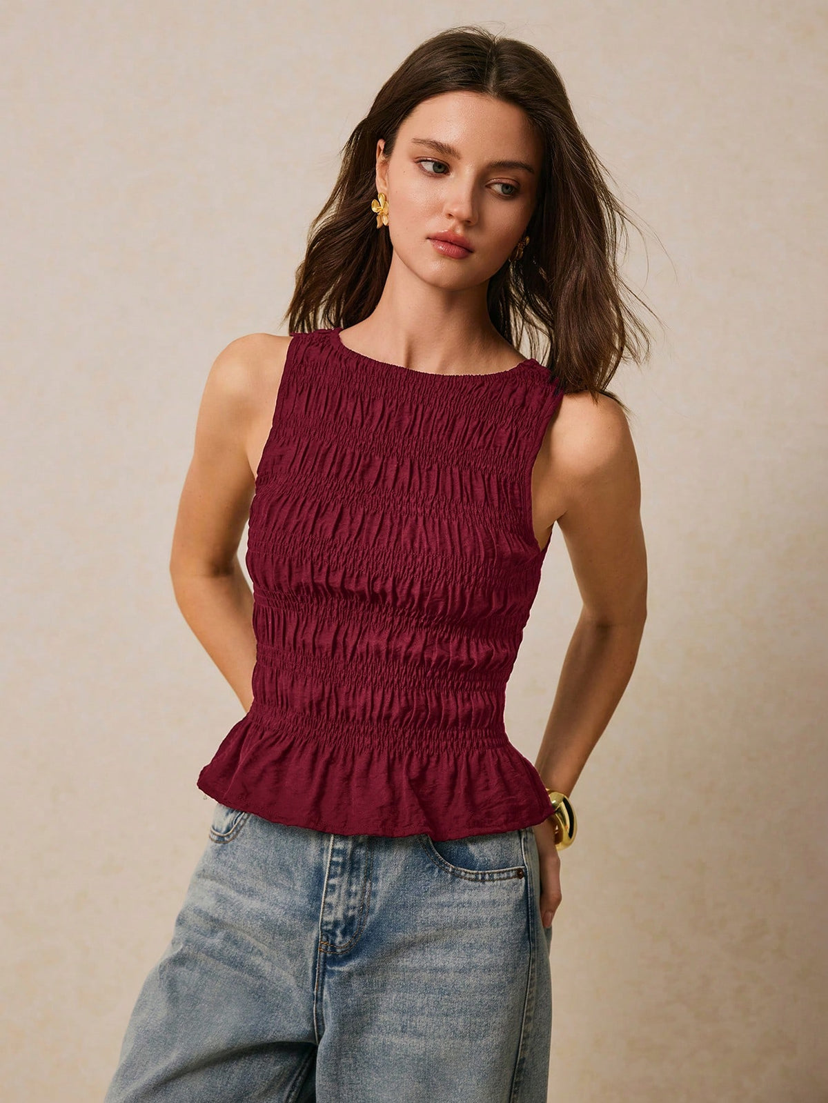 Poéselle Women's Summer Solid Color Pleated Round Neck Ruffle Hem Fashion Camisole