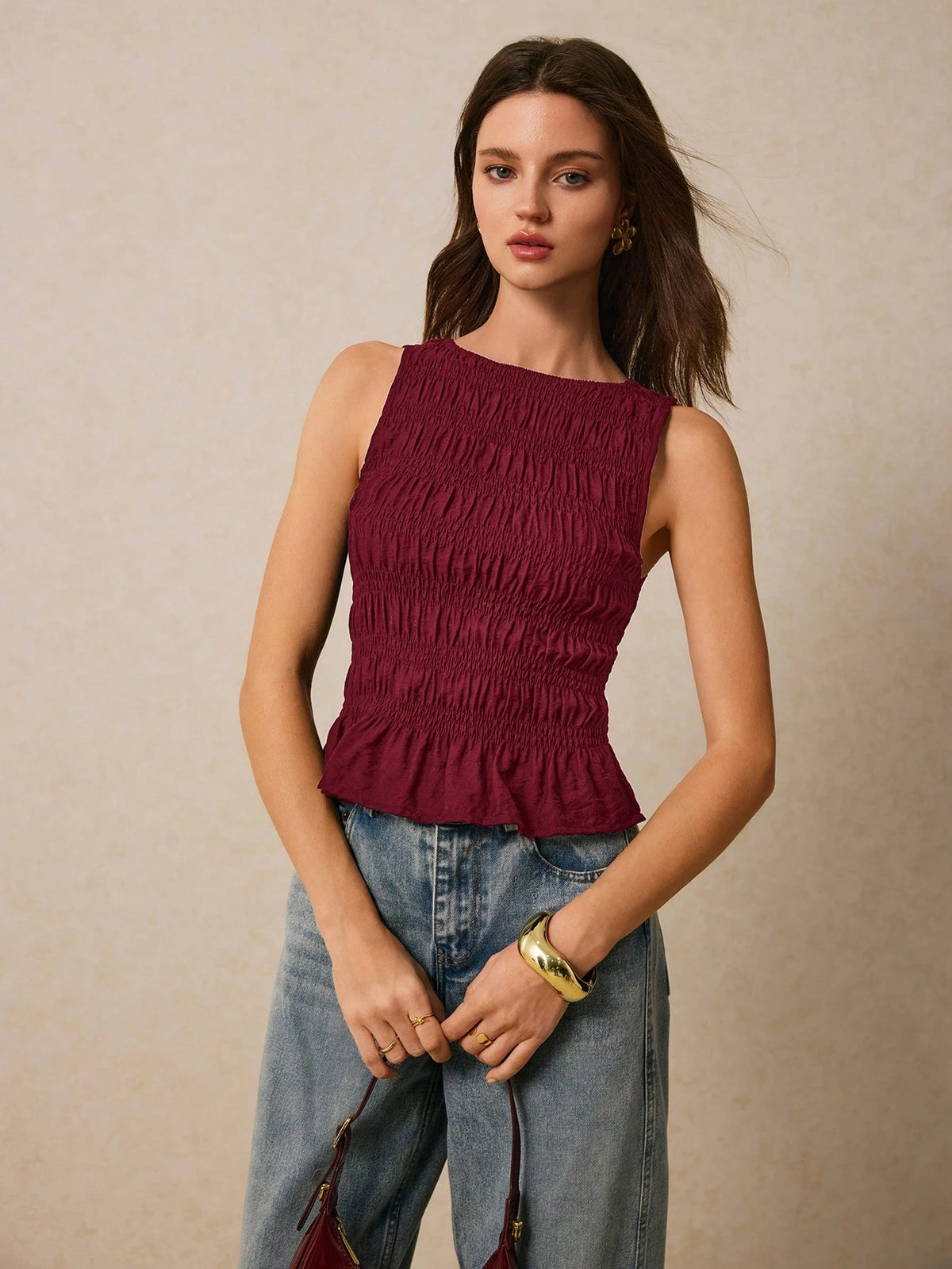 Poéselle Women's Summer Solid Color Pleated Round Neck Ruffle Hem Fashion Camisole