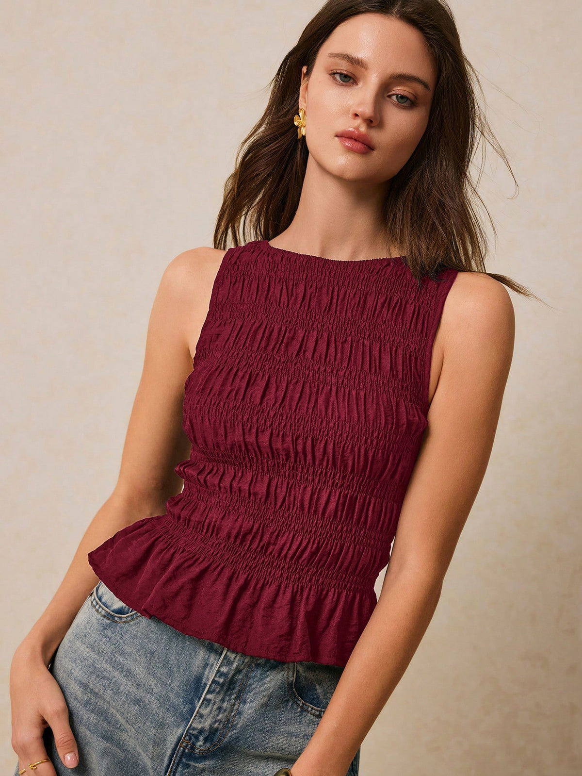 Poéselle Women's Summer Solid Color Pleated Round Neck Ruffle Hem Fashion Camisole