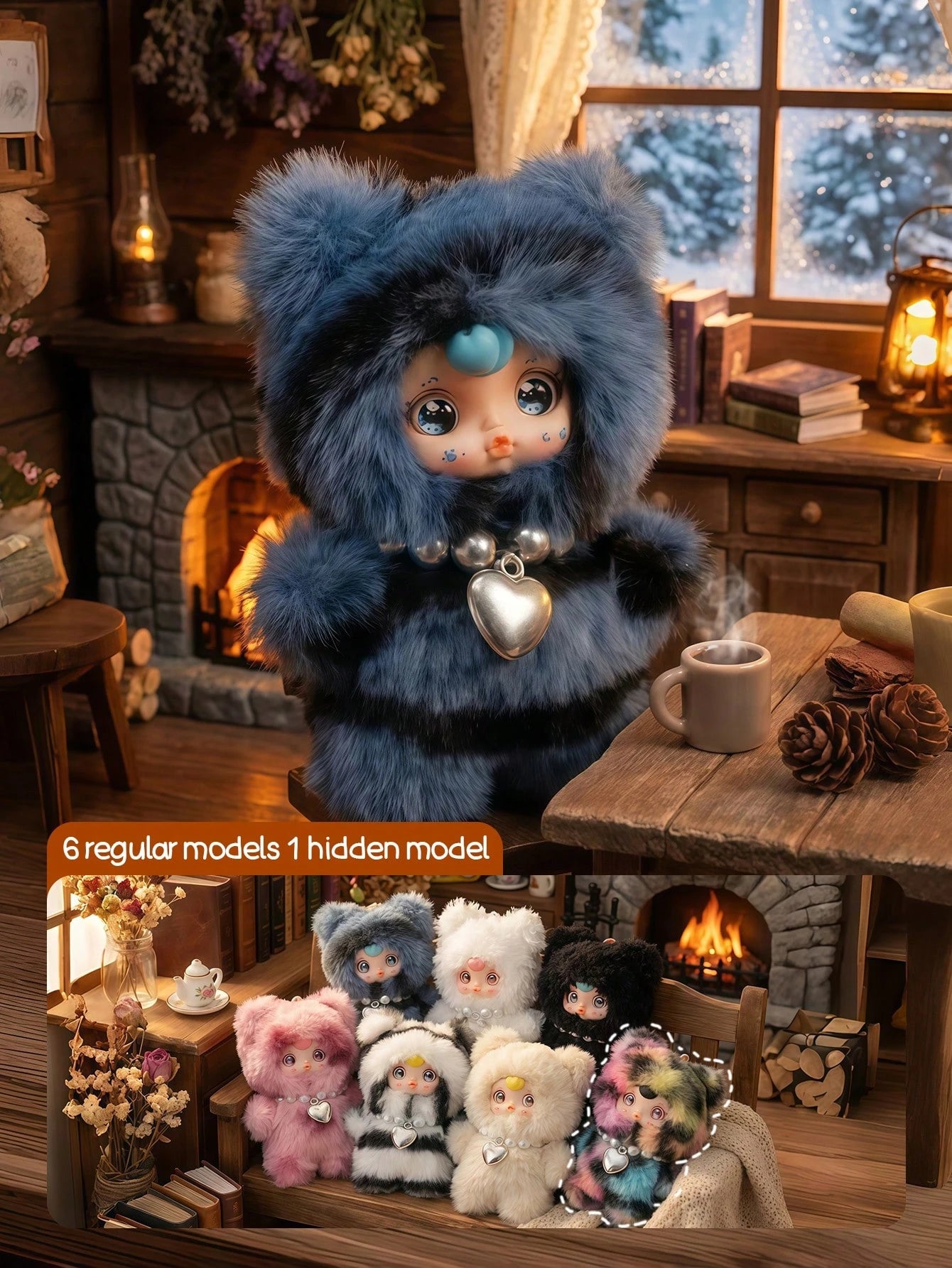 POKOJA LAND Blind Box (Non-Plush Filling), 1pc "Cozy Cabin Cubs" Series Blind Box Figure, Furry-Hooded Character Figurine With 6 Regular Styles & 1 Hidden Surprise, Collectible Art Toy Featuring Textu