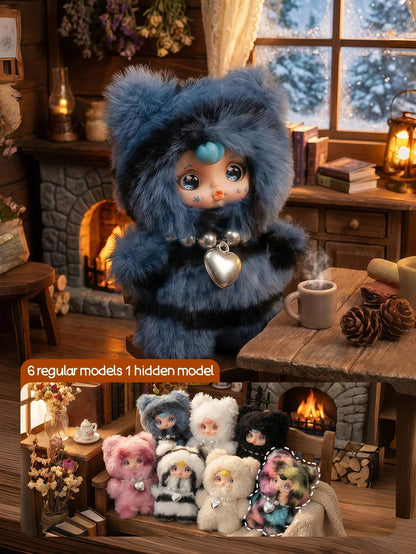 POKOJA LAND Blind Box (Non-Plush Filling), 1pc "Cozy Cabin Cubs" Series Blind Box Figure, Furry-Hooded Character Figurine With 6 Regular Styles & 1 Hidden Surprise, Collectible Art Toy Featuring Textu