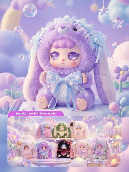 POKOJA LAND Bunny Hooded Character Blind Box, Collectible Mystery Figure With 6 Regular Styles & 2 Hidden Models, Lace & Bow Accent Details, Pastel Tones With Expressive Big Eyes, Decorative Companion