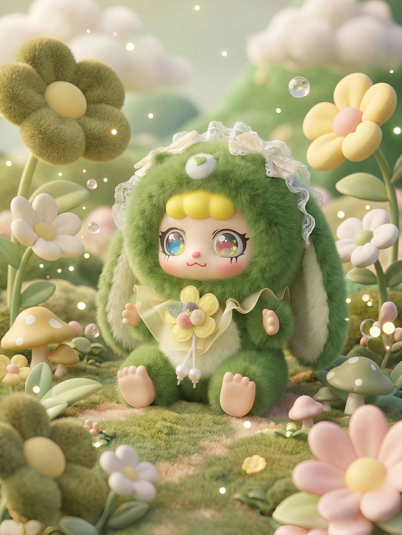POKOJA LAND Bunny Hooded Character Blind Box, Collectible Mystery Figure With 6 Regular Styles & 2 Hidden Models, Lace & Bow Accent Details, Pastel Tones With Expressive Big Eyes, Decorative Companion