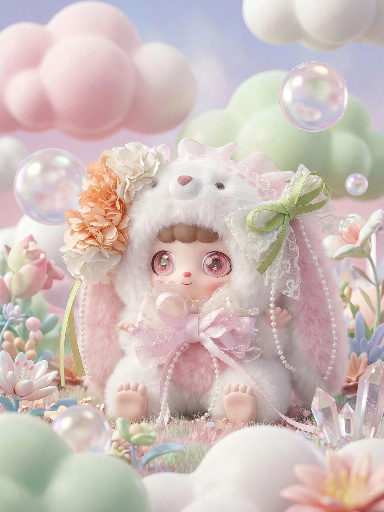 POKOJA LAND Bunny Hooded Character Blind Box, Collectible Mystery Figure With 6 Regular Styles & 2 Hidden Models, Lace & Bow Accent Details, Pastel Tones With Expressive Big Eyes, Decorative Companion