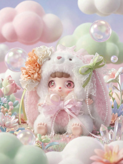 POKOJA LAND Bunny Hooded Character Blind Box, Collectible Mystery Figure With 6 Regular Styles & 2 Hidden Models, Lace & Bow Accent Details, Pastel Tones With Expressive Big Eyes, Decorative Companion