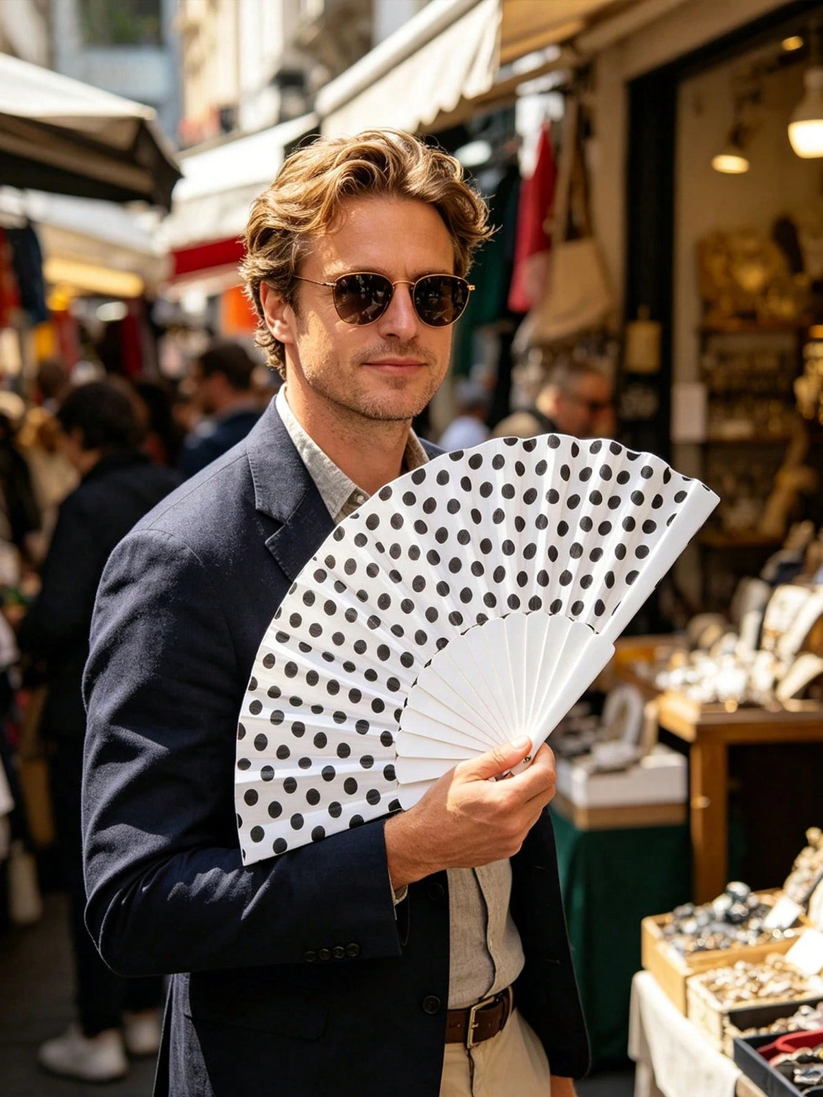 Polka Dot Hand Fan, Lightweight And Foldable, Suitable For Summer Daily Use. It Can Be Used As A Beach Landscape And Daily Outfit Aesthetic Photography Prop, And Also A Fashionable Cooling Accessory.