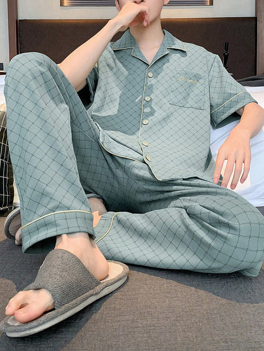 [PONX]Men Plaid Print Contrast Piping Top & Pants PJ Set