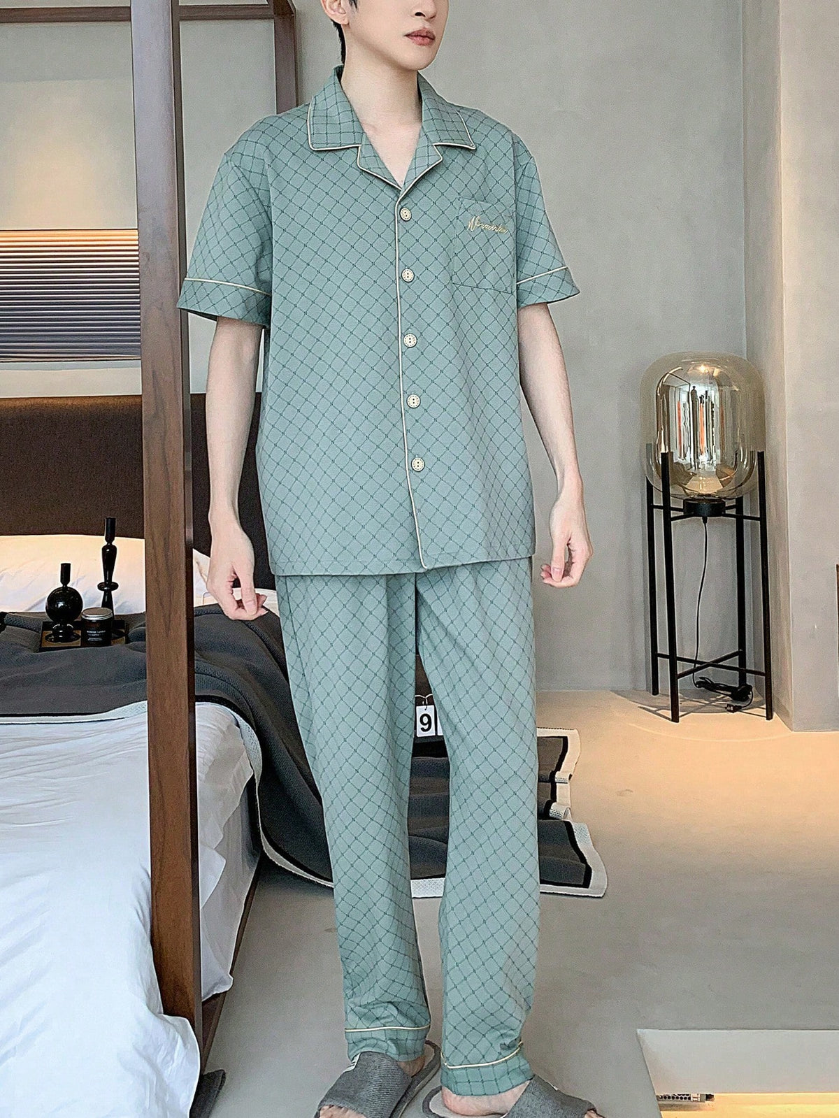 [PONX]Men Plaid Print Contrast Piping Top & Pants PJ Set