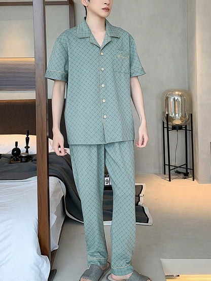 [PONX]Men Plaid Print Contrast Piping Top & Pants PJ Set