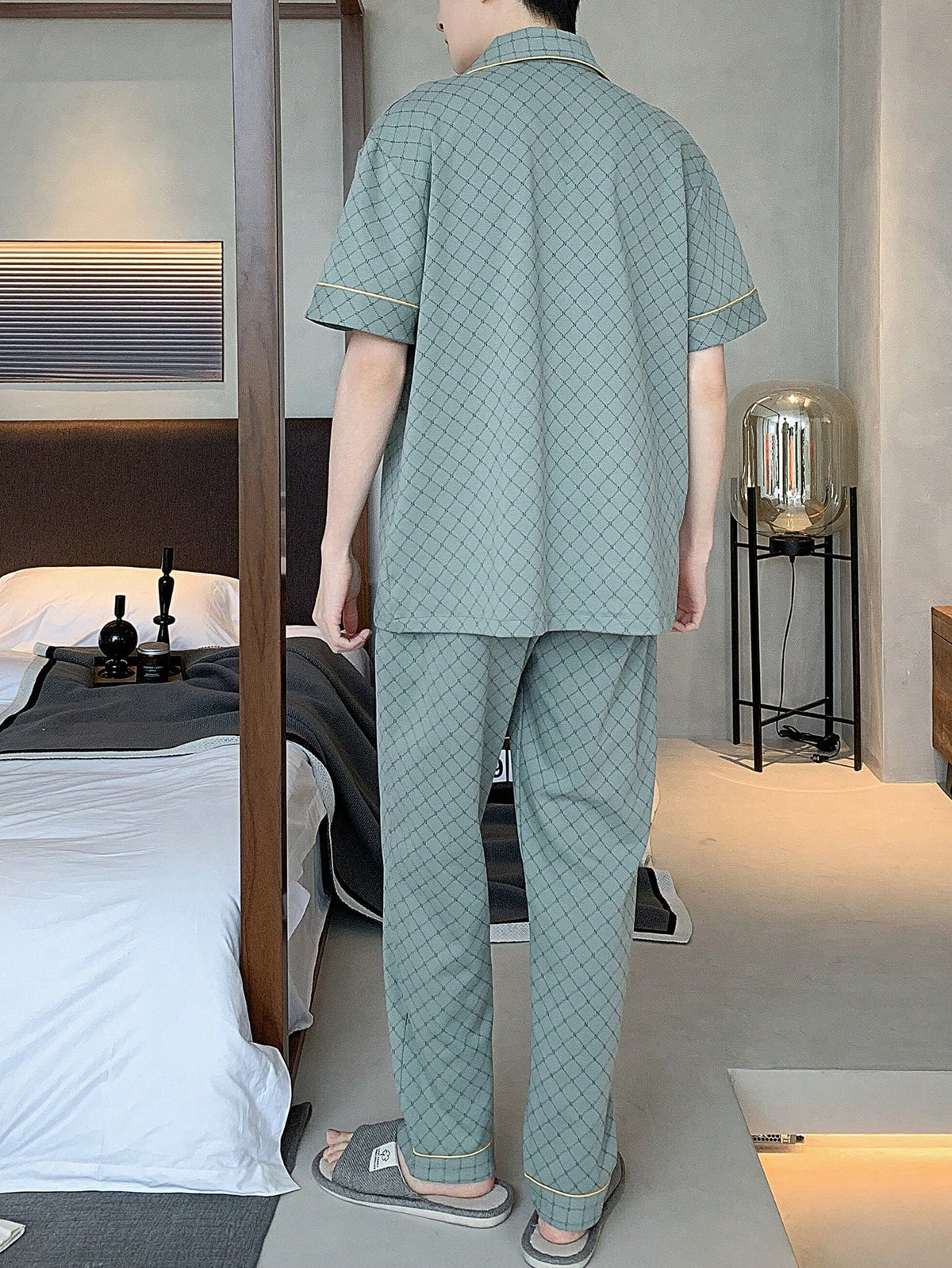 [PONX]Men Plaid Print Contrast Piping Top & Pants PJ Set