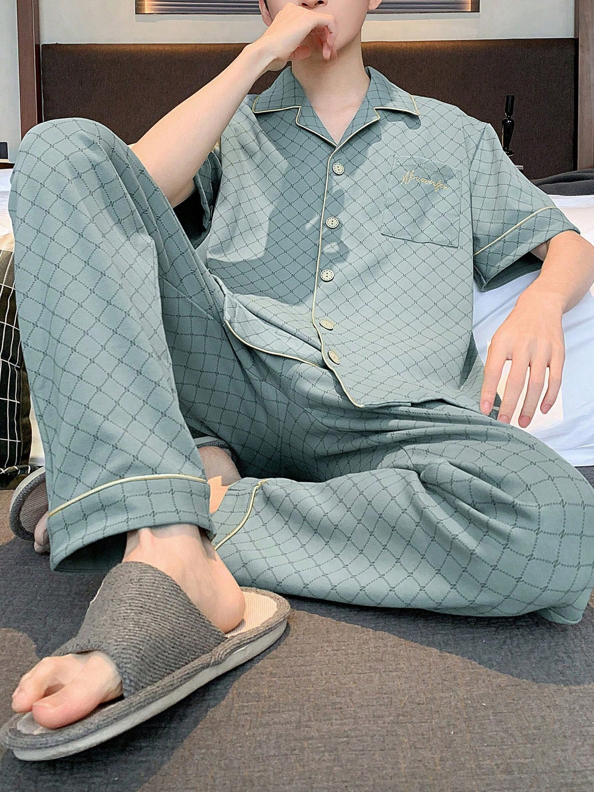 [PONX]Men Plaid Print Contrast Piping Top & Pants PJ Set