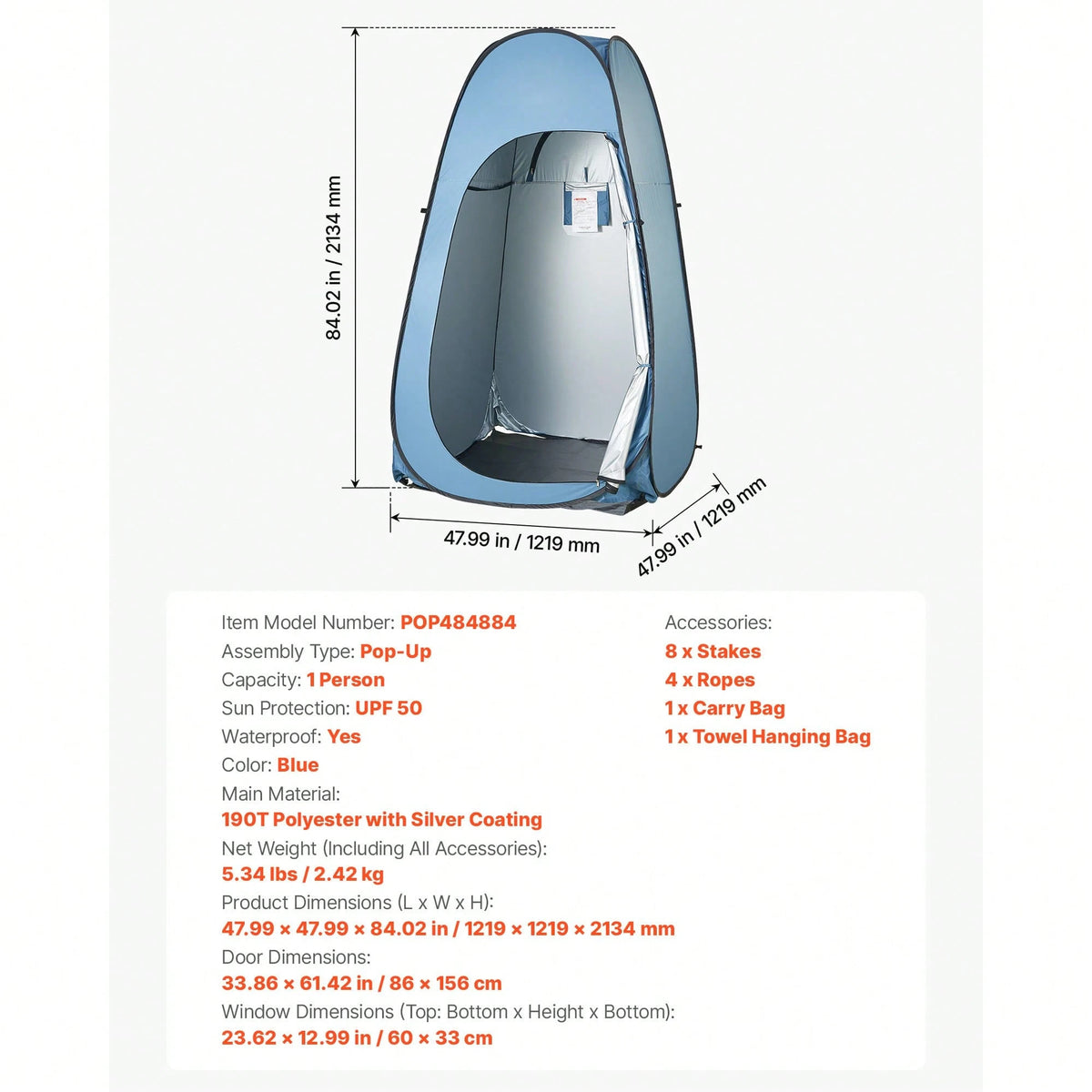 Pop Up Shower Tent, Instant Portable Privacy Tent Changing Room With Hanging Bag, Ground Stakes, Ropes, Carry Bag, 190T Polyester With Silver Coating, Quick Setup, For Camping, Beach, Fishing