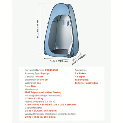 Pop Up Shower Tent, Instant Portable Privacy Tent Changing Room With Hanging Bag, Ground Stakes, Ropes, Carry Bag, 190T Polyester With Silver Coating, Quick Setup, For Camping, Beach, Fishing