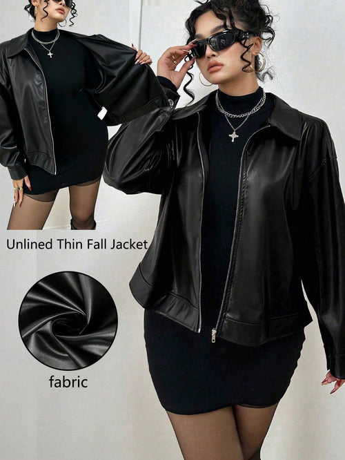 POPSWAY Plus Size Zip Up Solid PU Leather Collar Jacket, Long Sleeve, For Winter Fall Cloth For Women Autumn