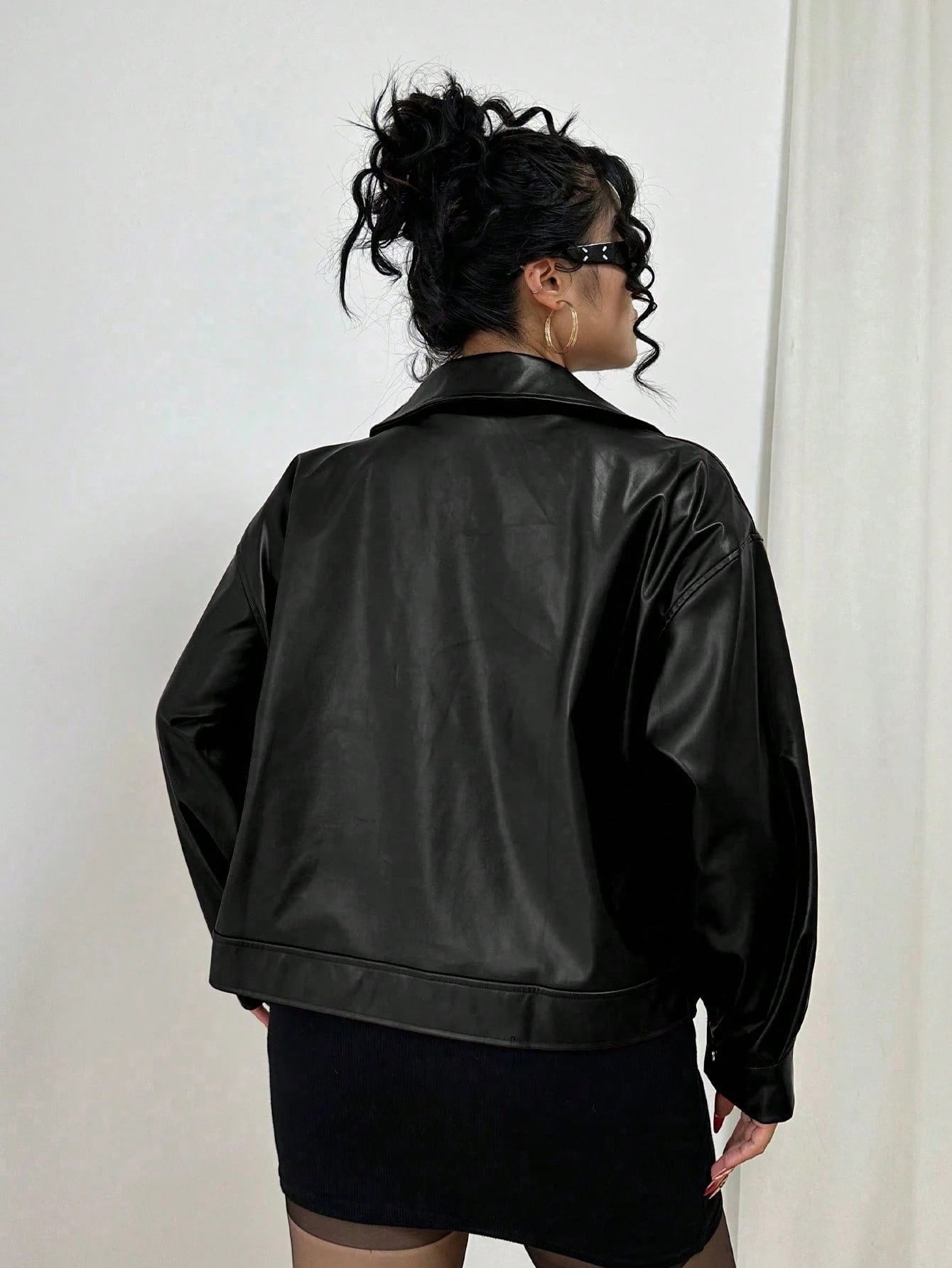 POPSWAY Plus Size Zip Up Solid PU Leather Collar Jacket, Long Sleeve, For Winter Fall Cloth For Women Autumn