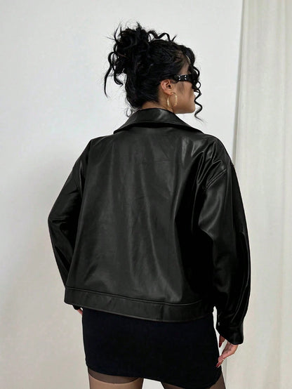 POPSWAY Plus Size Zip Up Solid PU Leather Collar Jacket, Long Sleeve, For Winter Fall Cloth For Women Autumn