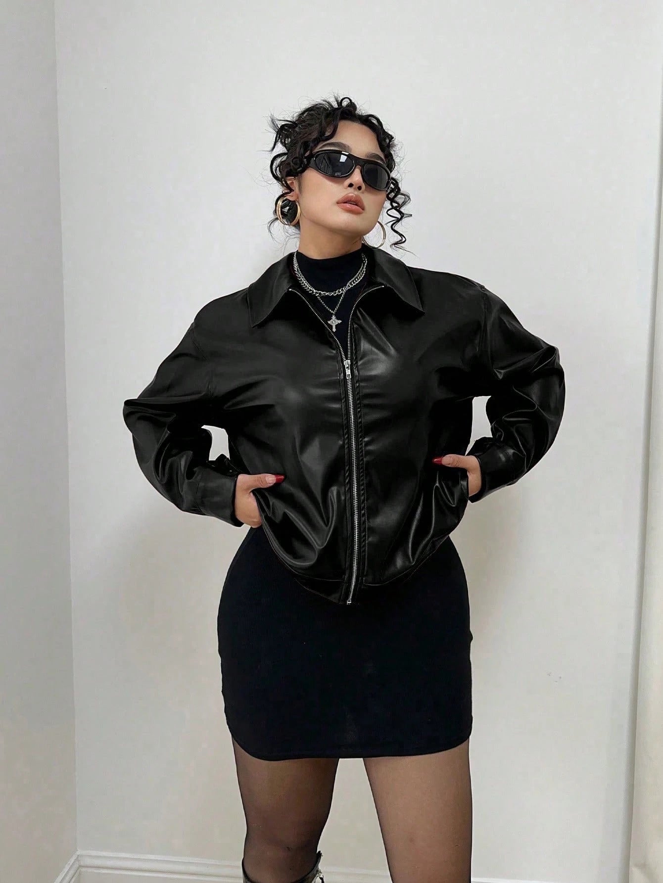 POPSWAY Plus Size Zip Up Solid PU Leather Collar Jacket, Long Sleeve, For Winter Fall Cloth For Women Autumn