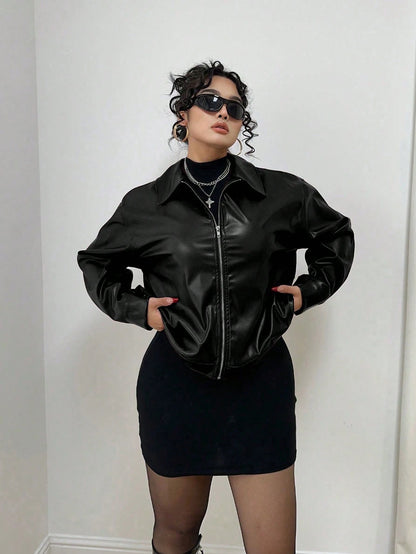 POPSWAY Plus Size Zip Up Solid PU Leather Collar Jacket, Long Sleeve, For Winter Fall Cloth For Women Autumn
