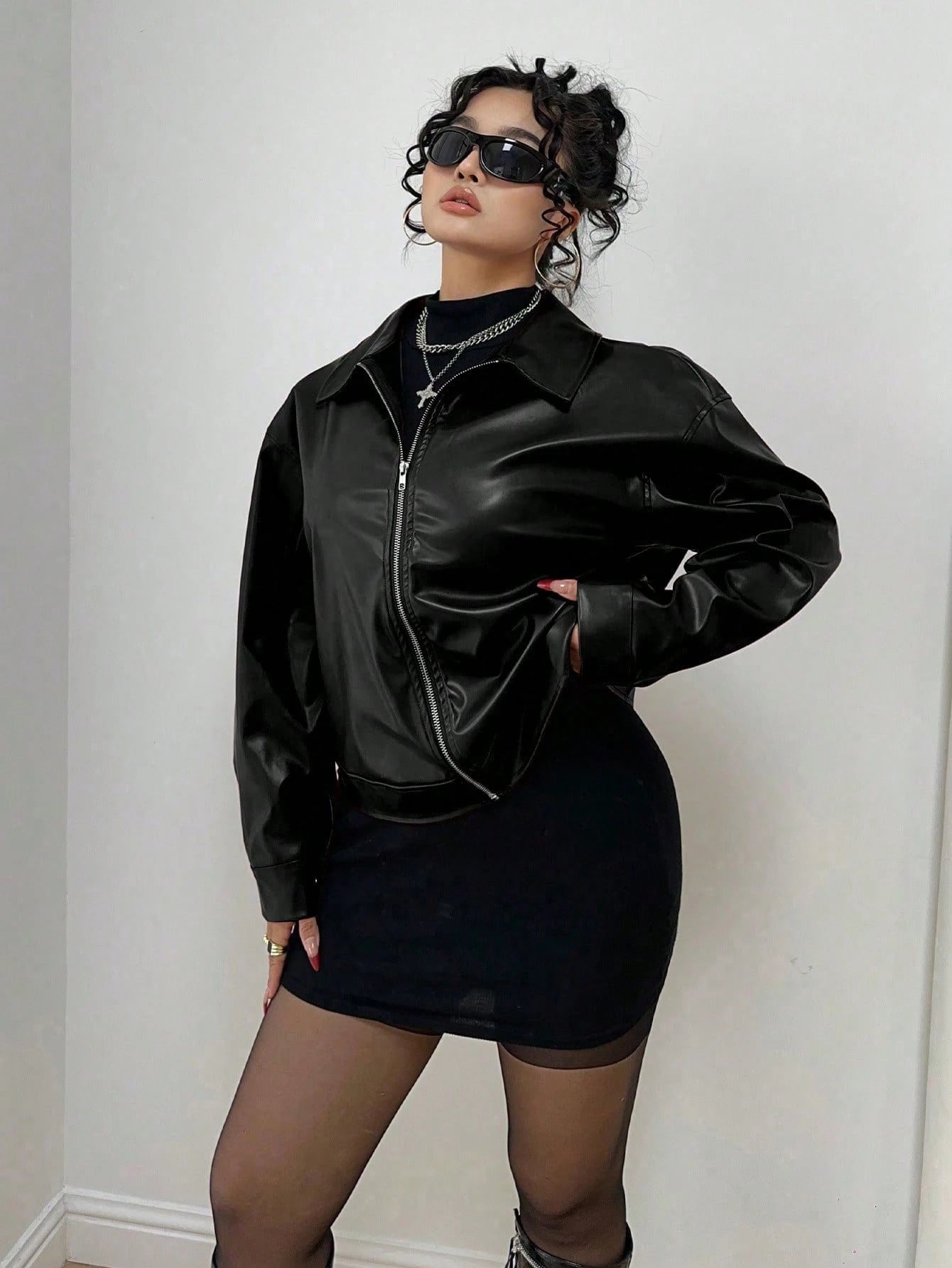 POPSWAY Plus Size Zip Up Solid PU Leather Collar Jacket, Long Sleeve, For Winter Fall Cloth For Women Autumn
