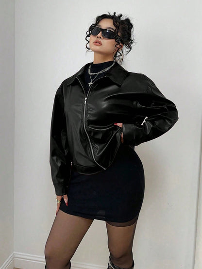 POPSWAY Plus Size Zip Up Solid PU Leather Collar Jacket, Long Sleeve, For Winter Fall Cloth For Women Autumn
