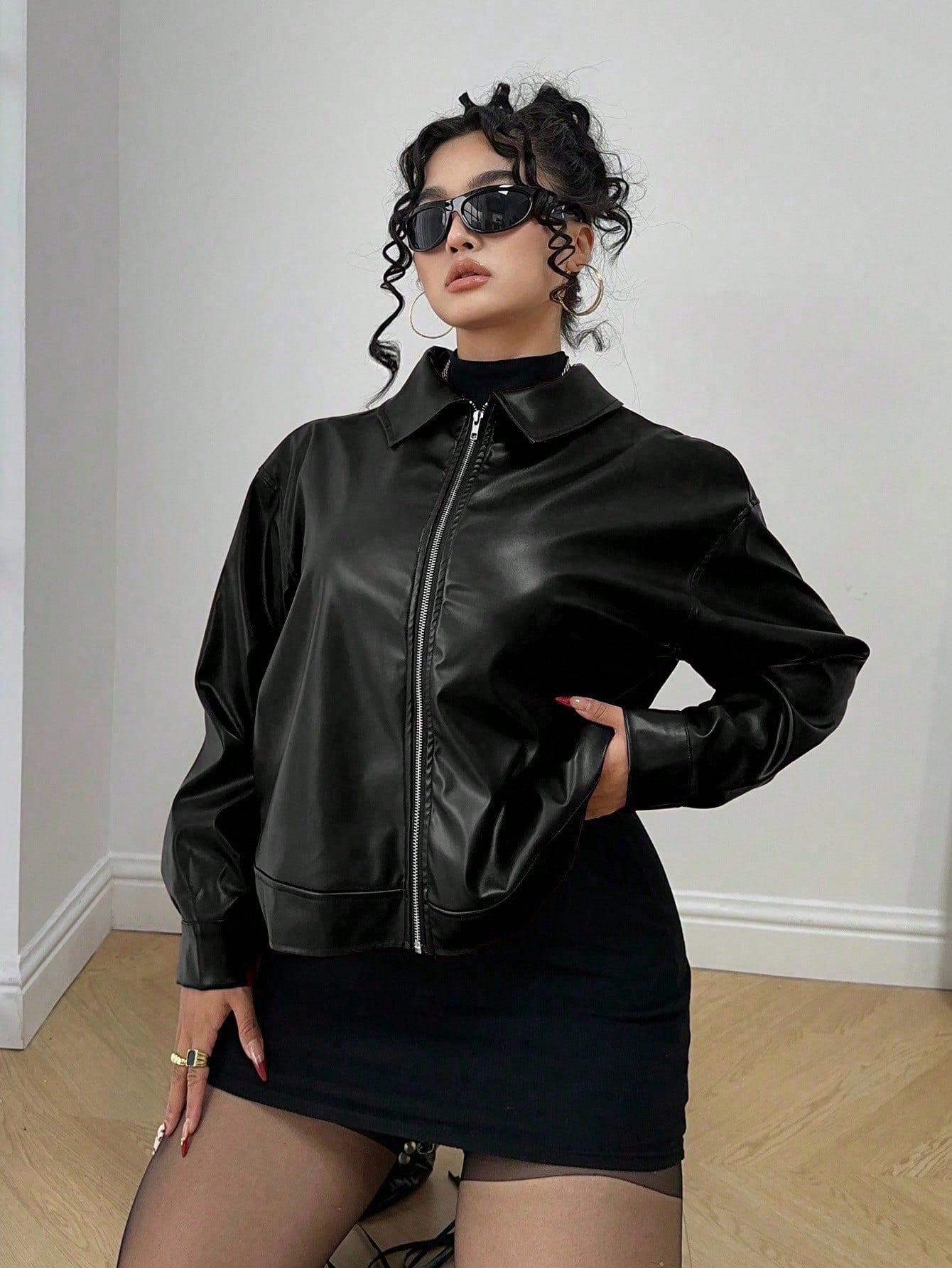 POPSWAY Plus Size Zip Up Solid PU Leather Collar Jacket, Long Sleeve, For Winter Fall Cloth For Women Autumn
